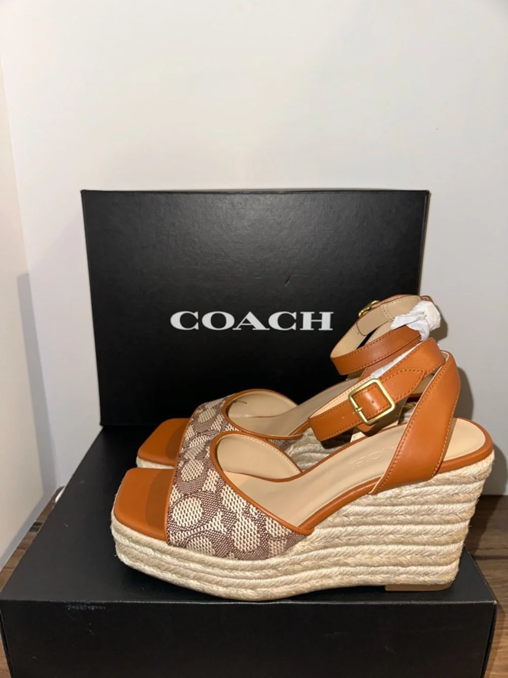 COACH Tan & Signature Canvas Espadrille Wedge Sandals - Picture 2 of 6